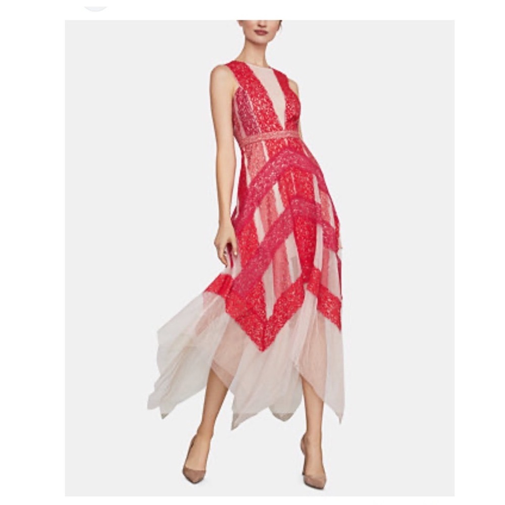 BCBGMAXAZRIA Lace & Tulle Illusion Midi Dress Size 02 Red NEW Fairy Ethereal
